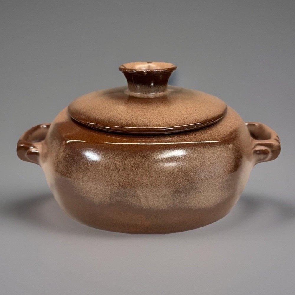 Vintage Mid-Century‎ FRANKOMA POTTERY Baker / Bean Pot Glazed Brown w/ Lid READ